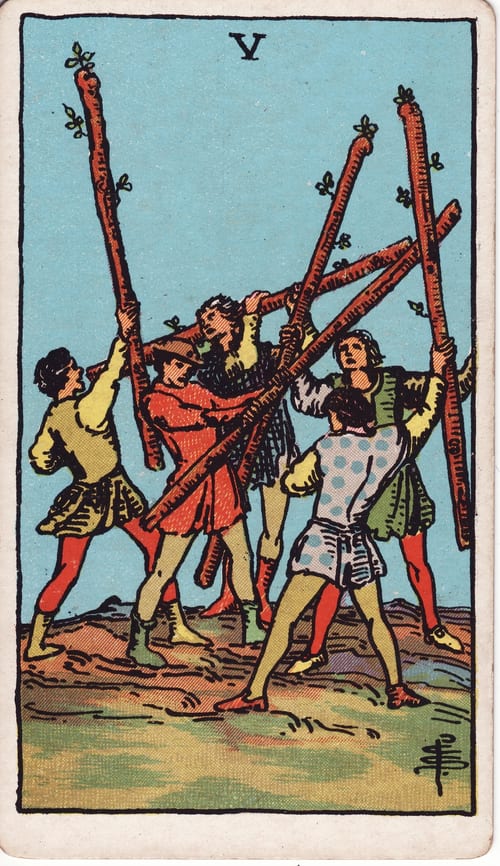 權杖五(Five of Wands)偉特塔羅牌面