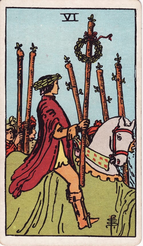 權杖六(Six of Wands)偉特塔羅牌面