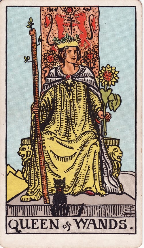 權杖王后(Queen of Wands)偉特塔羅牌面