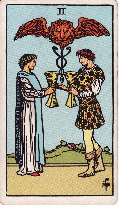 聖杯二(Two of Cups)偉特塔羅牌面